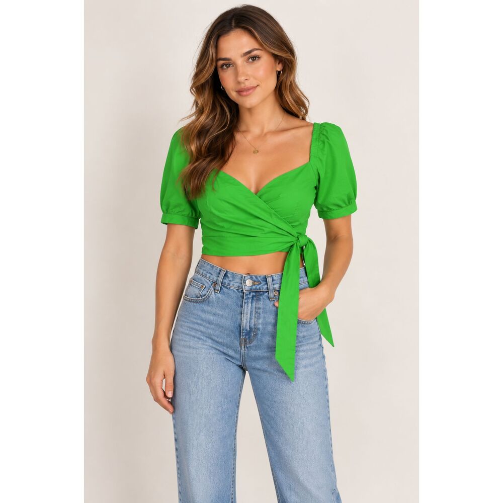 Grey Lab Green Puff Sleeve Wrap Tie Crop Top Statement Blouse Y2K XS